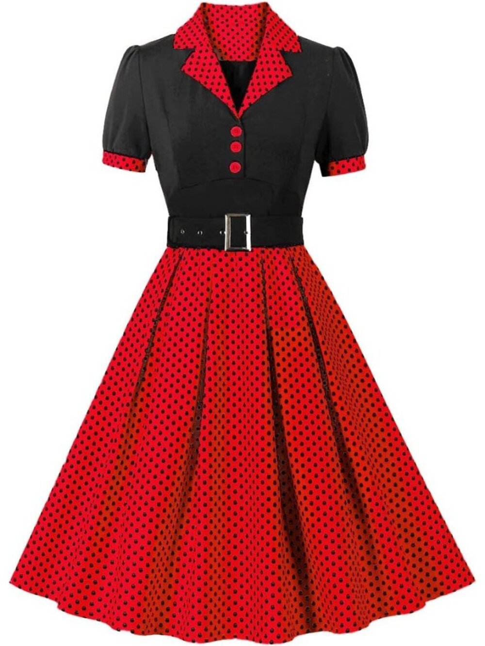 Women Vintage Block 1950 Retro Cocktail Party A Line Dress with Belt-Black+Red